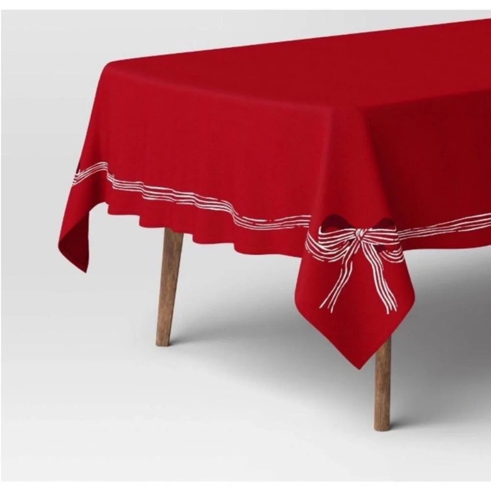 Threshold Red Christmas Tablecloth White Bow Trim Holiday Rectangular 104x60